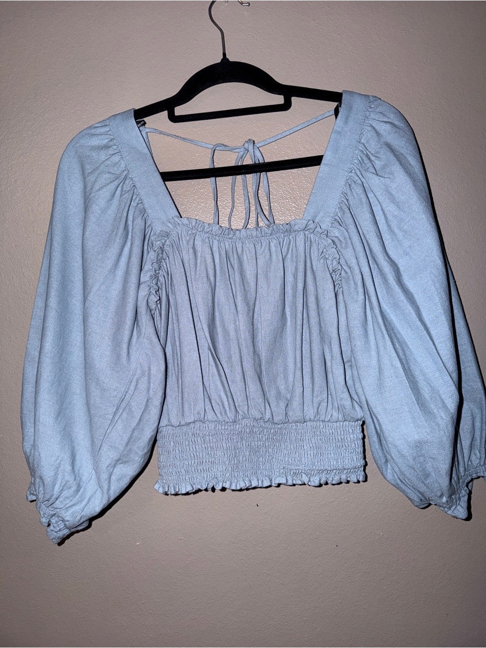 Forever 21 Light Blue Puff Sleeve Smocked Crop Top